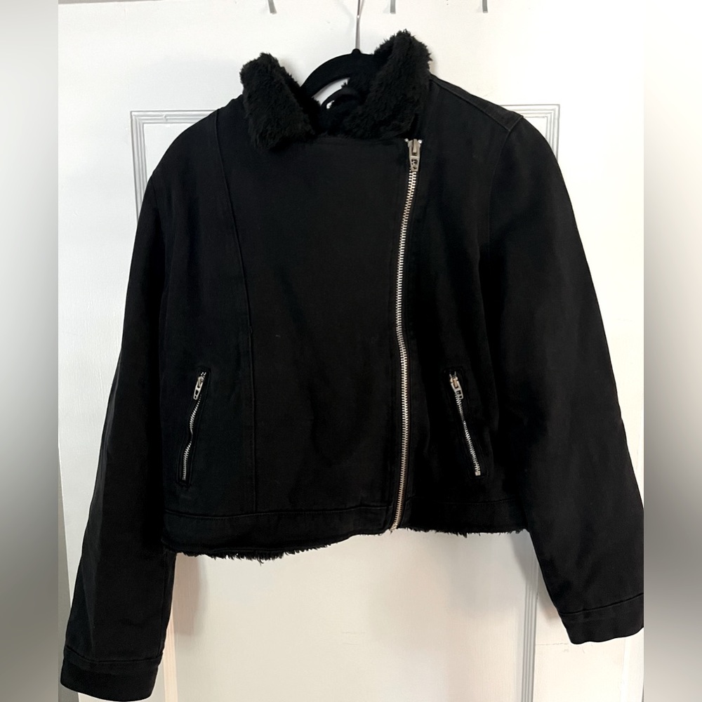 Thread & Supply Zip Up Black Jean Moto Jacket. Fur in the inside.